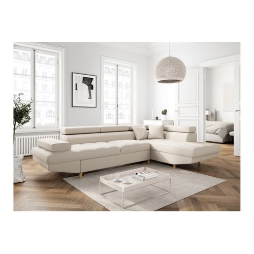 Canapé D'angle Droit Convertible Rio Scandinave Avec Coffre En Tissu - Beige, Pieds Bois