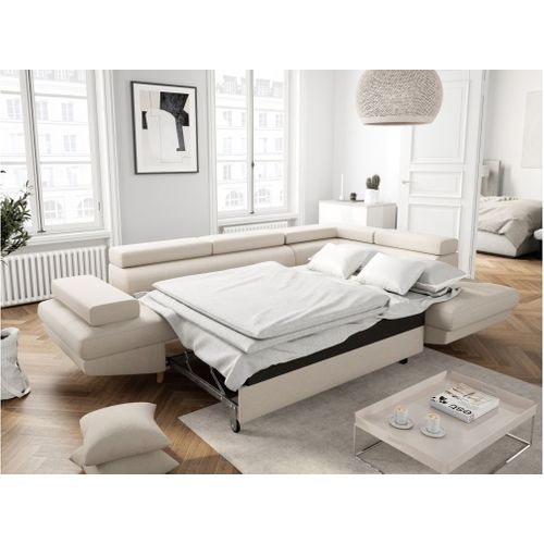 Canapé D'angle Droit Convertible Rio Scandinave Avec Coffre En Tissu - Beige, Pieds Bois