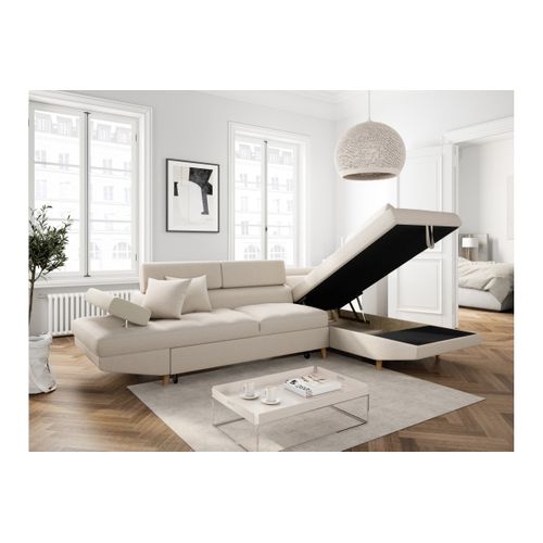 Canapé D'angle Droit Convertible Rio Scandinave Avec Coffre En Tissu - Beige, Pieds Bois