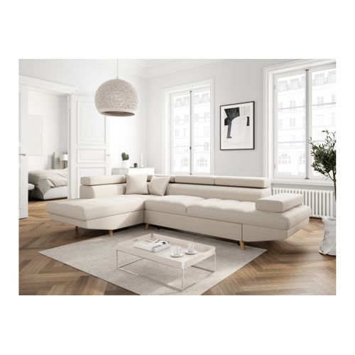 Canapé D'angle Gauche Convertible Rio Scandinave Avec Coffre En Tissu - Beige, Pieds Bois