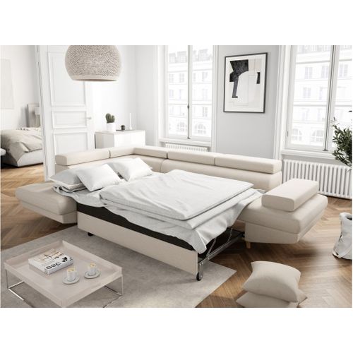 Canapé D'angle Gauche Convertible Rio Scandinave Avec Coffre En Tissu - Beige, Pieds Bois