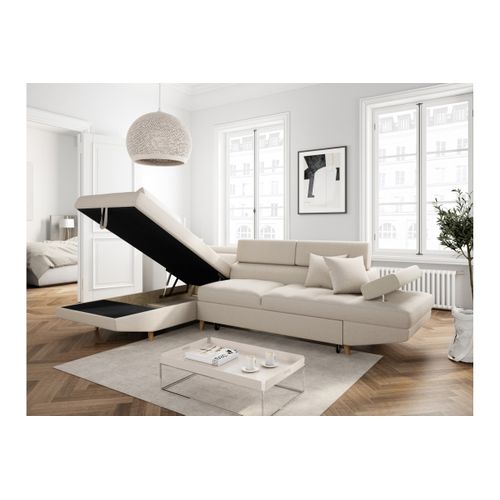 Canapé D'angle Gauche Convertible Rio Scandinave Avec Coffre En Tissu - Beige, Pieds Bois