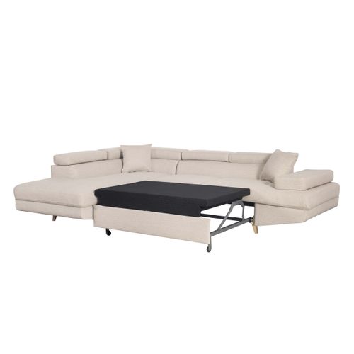 Canapé D'angle Gauche Convertible Rio Scandinave Avec Coffre En Tissu - Beige, Pieds Bois