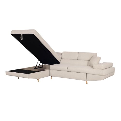 Canapé D'angle Gauche Convertible Rio Scandinave Avec Coffre En Tissu - Beige, Pieds Bois