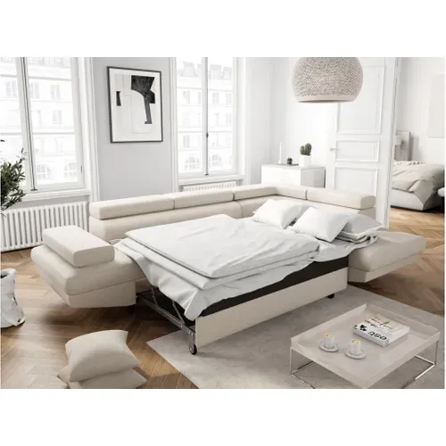 Canapé D'angle Convertible Rio Scandinave Avec Coffre En Tissu - Angle Droit,  Beige, Pieds - Noir