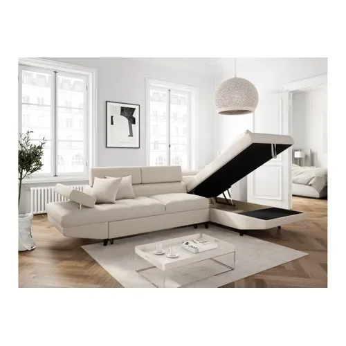Canapé D'angle Convertible Rio Scandinave Avec Coffre En Tissu - Angle Droit,  Beige, Pieds - Noir
