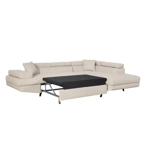 Canapé D'angle Convertible Rio Scandinave Avec Coffre En Tissu - Angle Droit,  Beige, Pieds - Noir