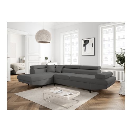 Canapé D'angle Gauche Convertible Rio Scandinave Avec Coffre En Tissu - Gris Foncé, Pieds Noir