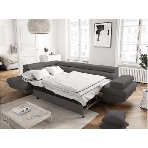 Canapé D'angle Gauche Convertible Rio Scandinave Avec Coffre En Tissu - Gris Foncé, Pieds Noir