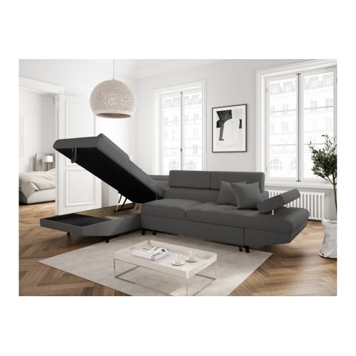 Canapé D'angle Gauche Convertible Rio Scandinave Avec Coffre En Tissu - Gris Foncé, Pieds Noir