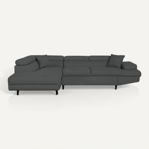 Canapé D'angle Gauche Convertible Rio Scandinave Avec Coffre En Tissu - Gris Foncé, Pieds Noir