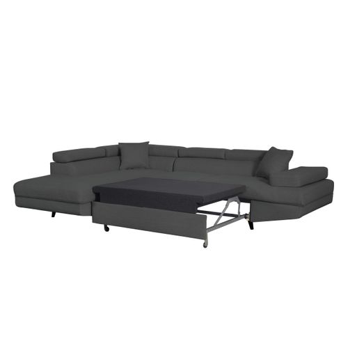 Canapé D'angle Gauche Convertible Rio Scandinave Avec Coffre En Tissu - Gris Foncé, Pieds Noir