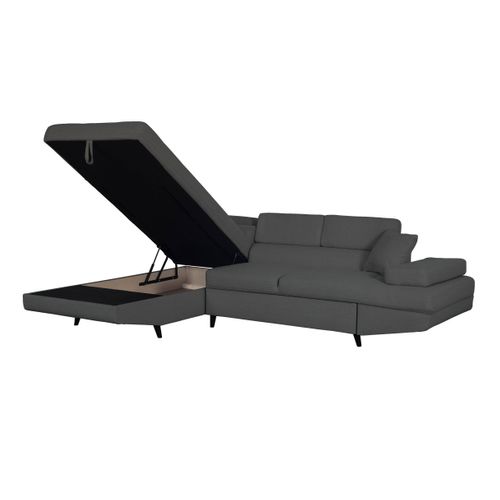 Canapé D'angle Gauche Convertible Rio Scandinave Avec Coffre En Tissu - Gris Foncé, Pieds Noir