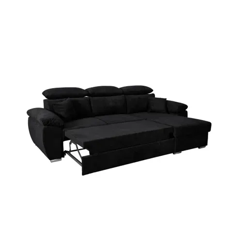 Canapé D'angle Komo Reversible Et Convertible Avec Coffre Et Têtières Réglables En Tissu - Noir