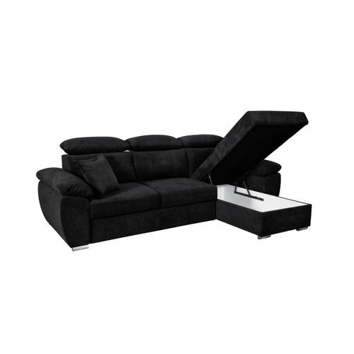 Canapé D'angle Komo Reversible Et Convertible Avec Coffre Et Têtières Réglables En Tissu - Noir