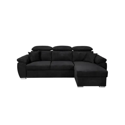 Canapé D'angle Komo Reversible Et Convertible Avec Coffre Et Têtières Réglables En Tissu - Noir