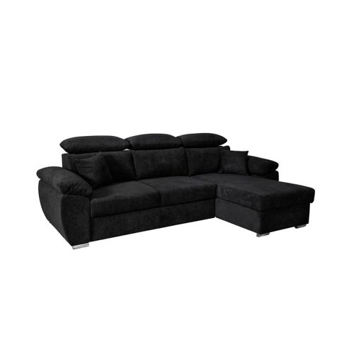 Canapé D'angle Komo Reversible Et Convertible Avec Coffre Et Têtières Réglables En Tissu - Noir