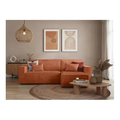 Clarisse - Canapé D'angle Convertible Réversible Avec Coffre En Velours Côtelé - Terracotta