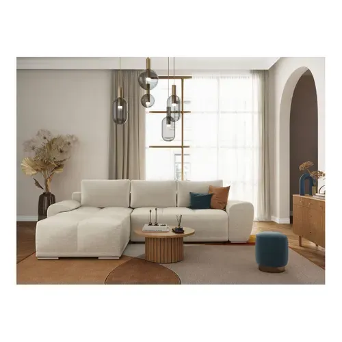 Cassandra - Canapé D'angle Convertible Avec Coffre En Tissu - Beige - Angle Gauche