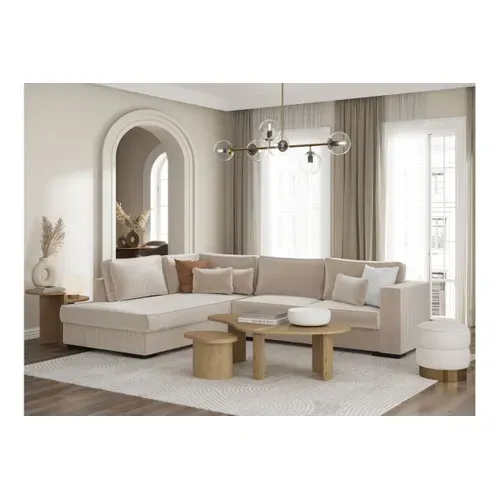 Belami - Canapé D'angle XXL 6 Places En Velours Côtelé - Beige - Angle Gauche