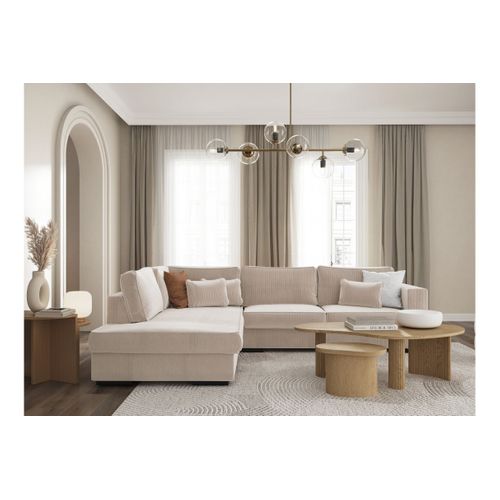 Belami - Canapé D'angle XXL 6 Places En Velours Côtelé - Beige - Angle Gauche