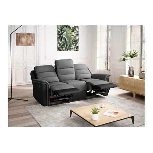 Relaxxo - Ensemble Canapé Relax Manuel Léon 3 Pl + Fauteuil Manuel En Microfibre Et Simili Gris/noir