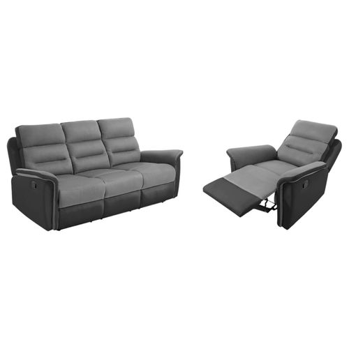 Relaxxo - Ensemble Canapé Relax Manuel Léon 3 Pl + Fauteuil Manuel En Microfibre Et Simili Gris/noir