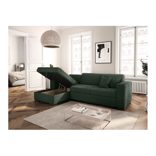 Canapé D'angle Fuji XL Convertible Avec Coffre En Velours Côtelé - Angle Gauche - Vert Foncé