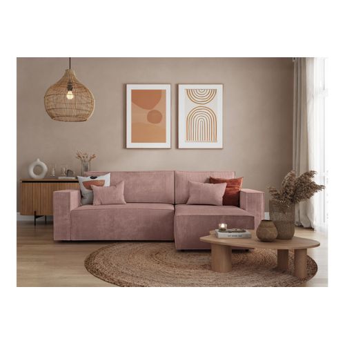 Clarisse - Canapé D'angle Convertible Réversible Avec Coffre En Velours Côtelé - Vieux Rose