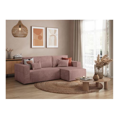 Clarisse - Canapé D'angle Convertible Réversible Avec Coffre En Velours Côtelé - Vieux Rose