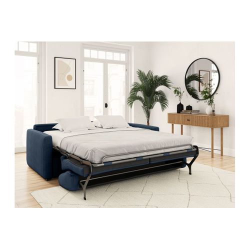Canapé Convertible Express 3 Places Agathe En Velours Côtelé - Matelas 13cm - Bleu Foncé - 140x190cm