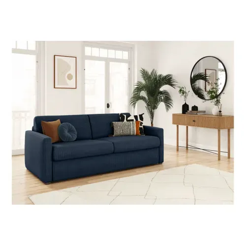 Canapé Convertible Express 3 Places Agathe En Velours Côtelé - Matelas 13cm - Bleu Foncé - 140x190cm