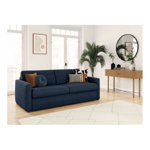 Canapé Convertible Express 3 Places Agathe En Velours Côtelé - Matelas 13cm - Bleu Foncé - 160x190cm
