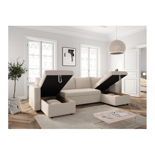 Canapé D'angle Panoramique Maria Convertible Avec 2 Coffres En Velours Côtelé - Beige