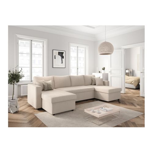 Canapé D'angle Panoramique Maria Convertible Avec 2 Coffres En Velours Côtelé - Beige