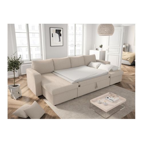 Canapé D'angle Panoramique Maria Convertible Avec 2 Coffres En Velours Côtelé - Beige