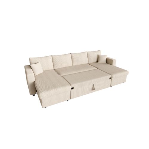 Canapé D'angle Panoramique Maria Convertible Avec 2 Coffres En Velours Côtelé - Beige