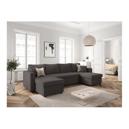Canapé D'angle Panoramique Maria Convertible Avec 2 Coffres En Velours Côtelé - Gris Foncé