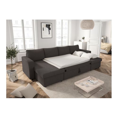 Canapé D'angle Panoramique Maria Convertible Avec 2 Coffres En Velours Côtelé - Gris Foncé