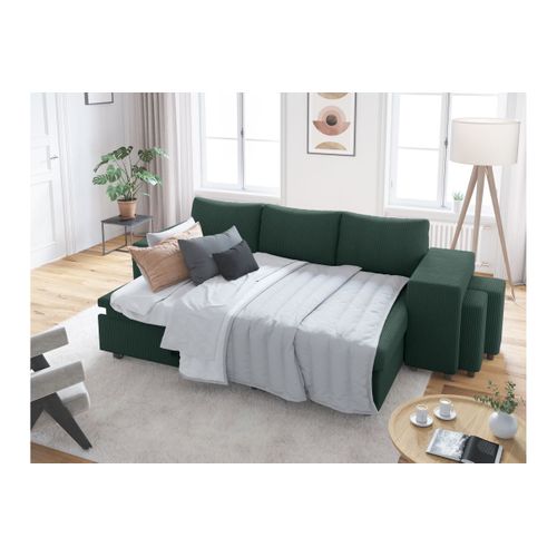 Canapé D'angle Réversible Convertible Oslo Avec Coffre, 2 Poufs à Droite En Velours Côtelé Vert