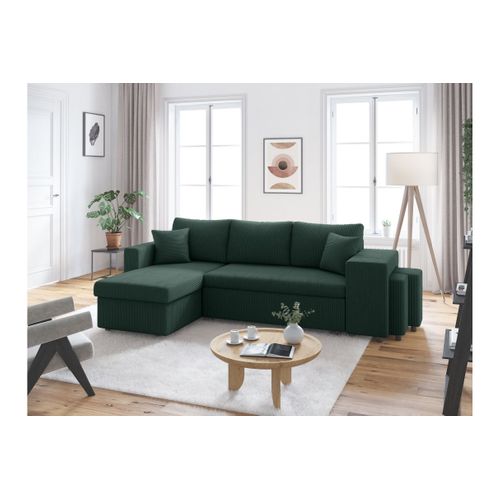 Canapé D'angle Réversible Convertible Oslo Avec Coffre, 2 Poufs à Droite En Velours Côtelé Vert