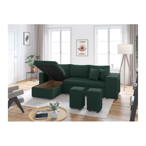 Canapé D'angle Réversible Convertible Oslo Avec Coffre, 2 Poufs à Droite En Velours Côtelé Vert