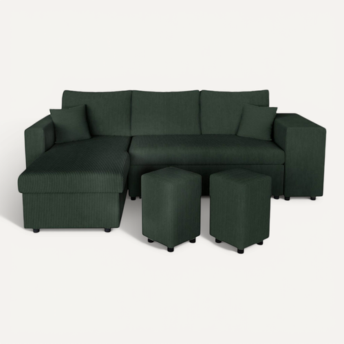 Canapé D'angle Réversible Convertible Oslo Avec Coffre, 2 Poufs à Droite En Velours Côtelé Vert