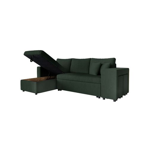 Canapé D'angle Réversible Convertible Oslo Avec Coffre, 2 Poufs à Droite En Velours Côtelé Vert