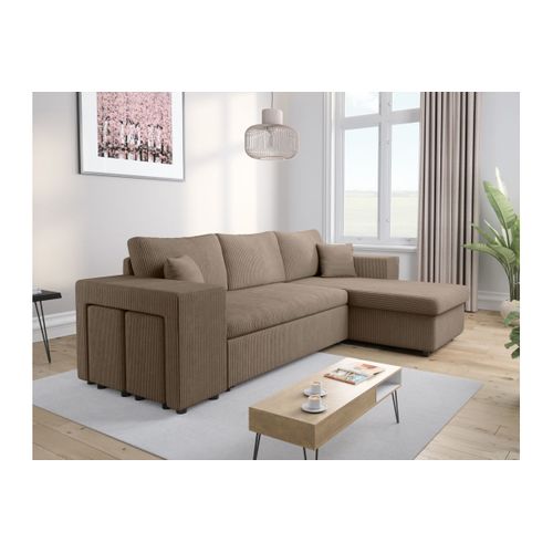 Canapé D'angle Réversible Mady Avec Coffre, Rangement Poufs à Gauche En Velours Côtelé Taupe