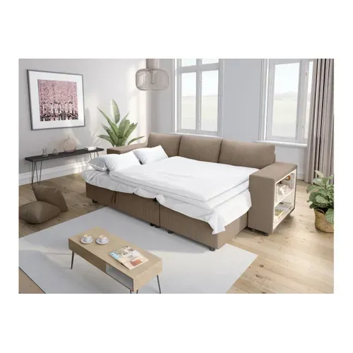Canapé D'angle Réversible Mady Avec Coffre, Rangement Poufs à Gauche En Velours Côtelé Taupe