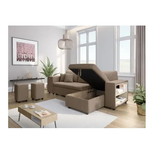 Canapé D'angle Réversible Mady Avec Coffre, Rangement Poufs à Gauche En Velours Côtelé Taupe