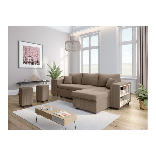 Canapé D'angle Réversible Mady Avec Coffre, Rangement Poufs à Gauche En Velours Côtelé Taupe