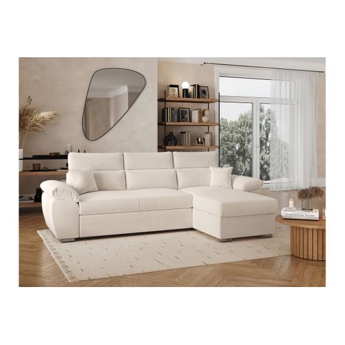 Canapé Komeco D'angle Reversible Convertible Avec Coffre Et Têtières En Velours Côtelé - Beige