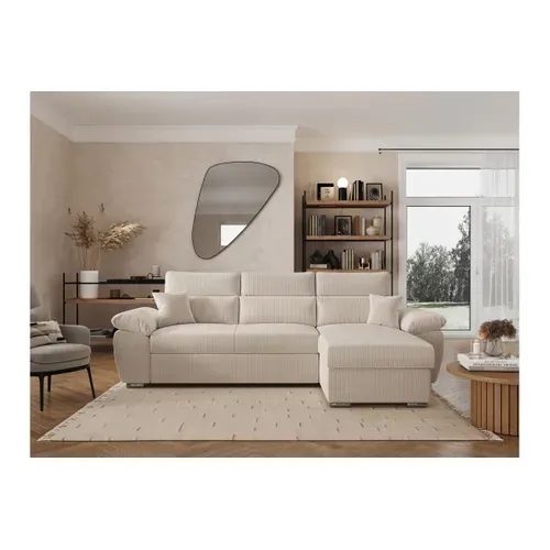 Canapé Komeco D'angle Reversible Convertible Avec Coffre Et Têtières En Velours Côtelé - Beige